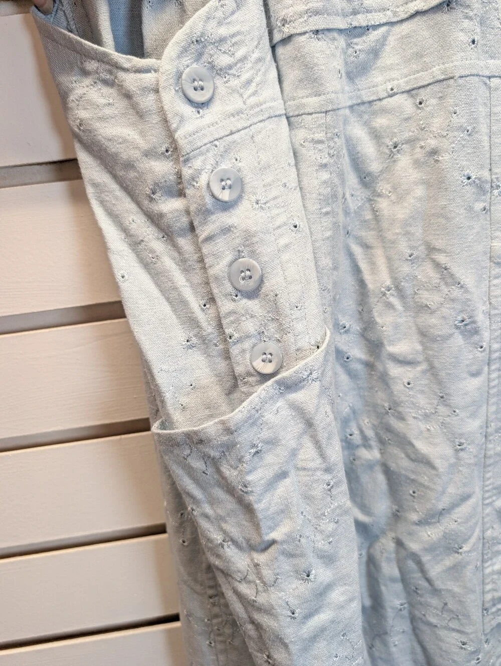 April Cornell Vintage Linen Blend Eyelet Cottagecore Slate Blue Overalls XS EUC
